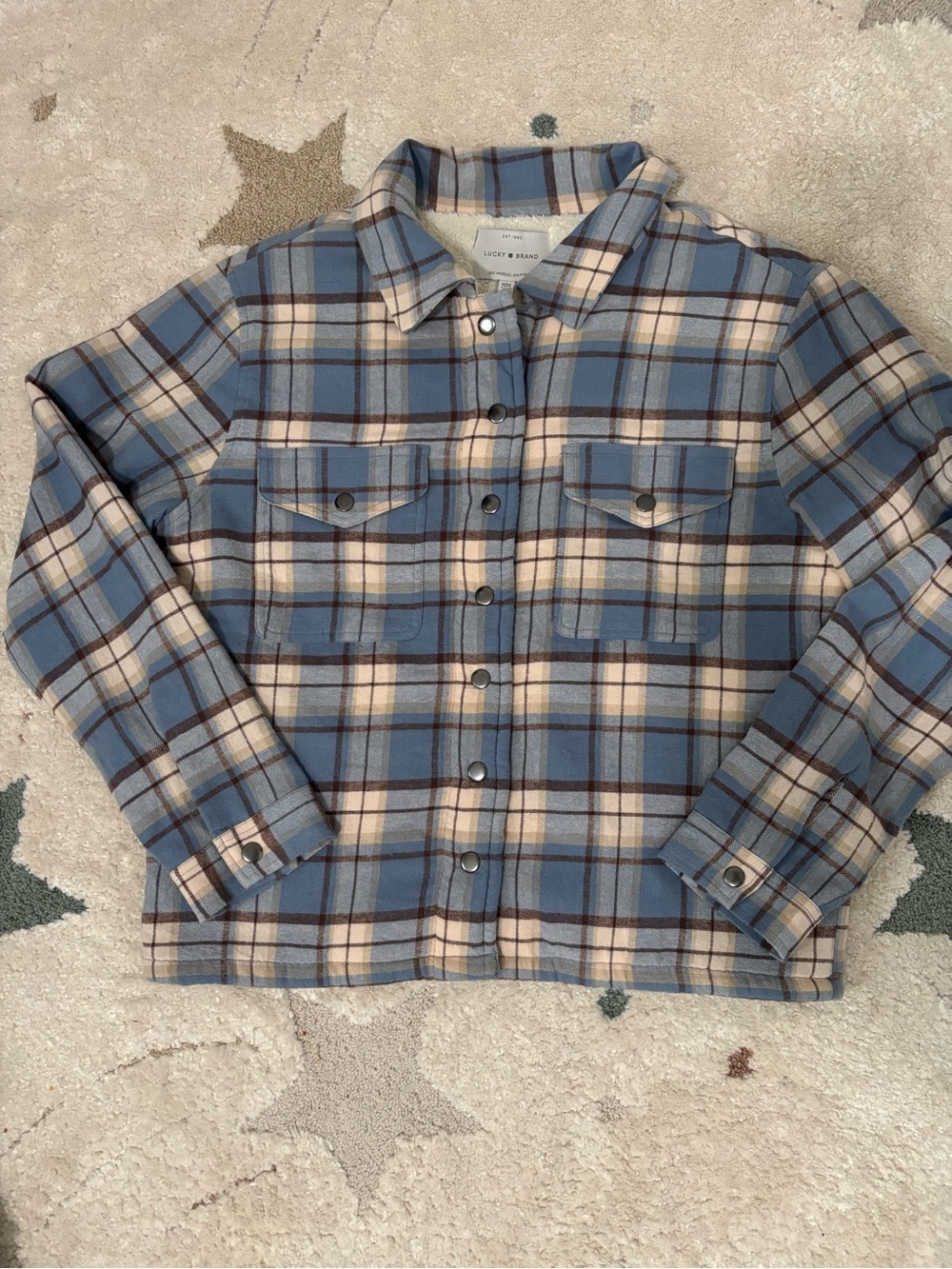 Lucky Brand Sherpa Lined Flannel Shacket Jacket Blue Cream Plaid Women’s M NWT